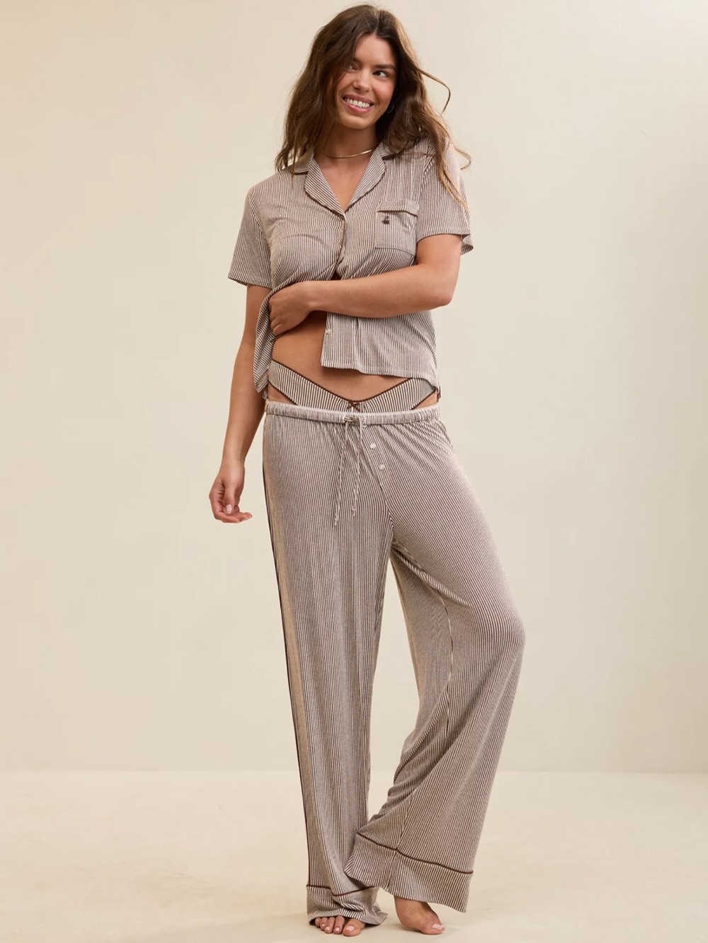 aerie Taupe Striped Ribbed Pajama Set